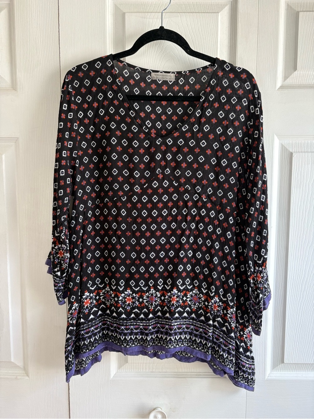 World Market Boho Floral Print V-neck Tunic Top Blouse Black Hippie S/M Relaxed